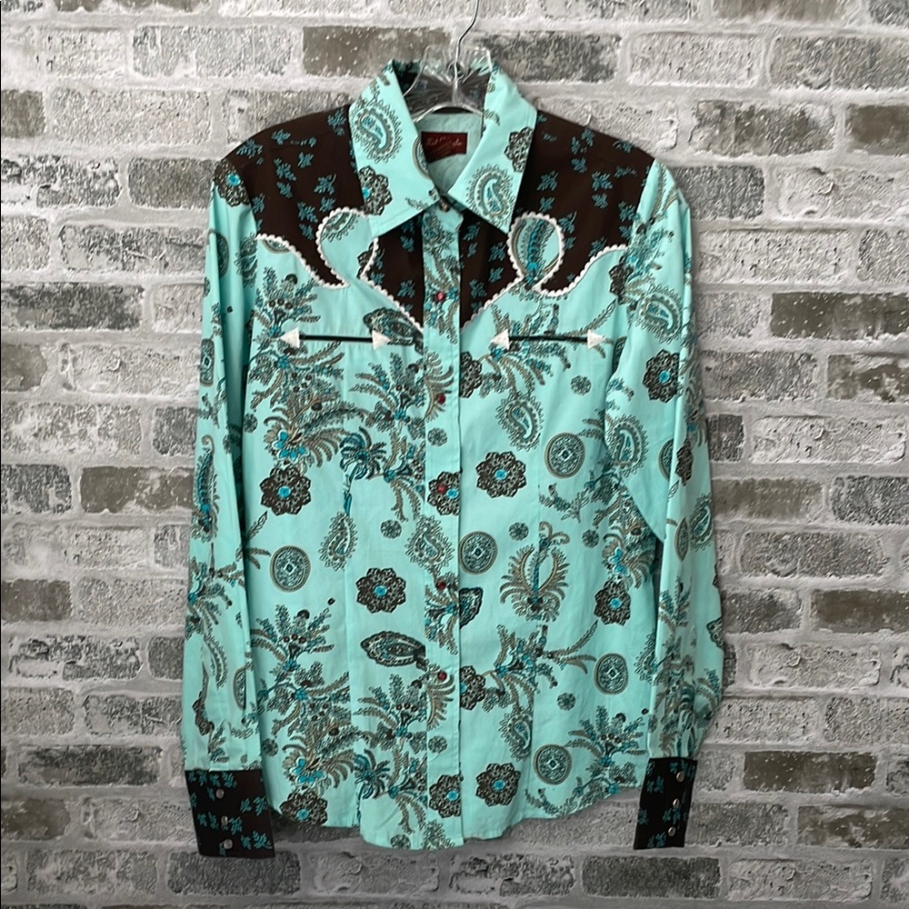 Life Style Western Shirt Womens Large Snap Turquoise Brown Cowgirl